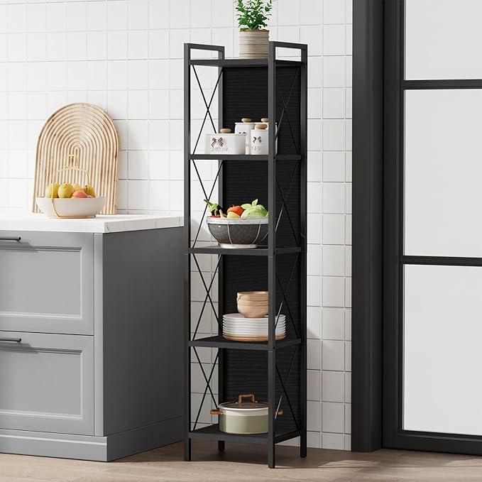 Homhedy 5 Tier Bookshelf Bookcase, Tall Narrow Bookshelf for Small Space, Metal Storage Shelves with Back Panel, for Home Office, Living Room, Kitchen, Bedroom, Industrial Style, Black