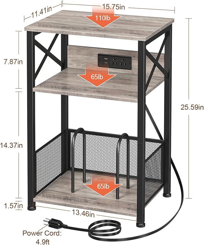 AMHANCIBLE Record Player Stand with Charging Station, Turntable Stand with Storage Cabinet, 3 Tier End Table Hold Up to 100 Albums, Record Stand for Vinyl, Living Room, Greige, HETCD01GY-1