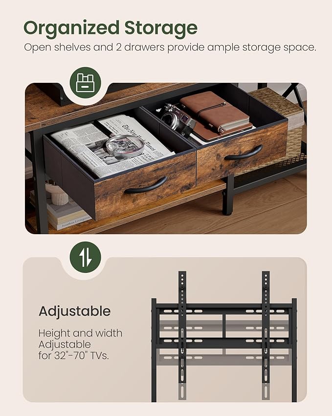 TV Stand with Mount, Power Outlet and LED Light, Entertainment Center, Adjustable TV Stand, for 32-70 inch TVs, 2-Tier Storage, for Living Room, Bedroom, Rustic Brown and Black TDS12UDBF