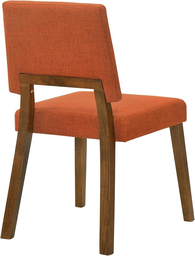 Armen Living Channell Mid Century Modern 6 Piece Walnut Wood Dining Table Set with Bench in Orange Fabric