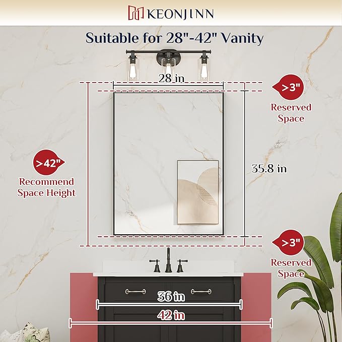 Keonjinn Brushed Nickel Bathroom Mirror for Wall 28 x 36 in, Rectangular Metal Framed Silver Mirror for Vanity Square Corner Aluminum Alloy Rectangle Modern Mirror for Over Sink(Horizontal/Vertical)