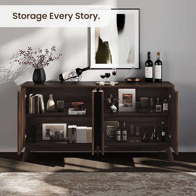 Buffet Cabinet with Storage, Fluted Multifunctional Storage Cabinet with 4 Doors, Sideboard Cabinet with Doors Modern Buffet Table Accent Coffee Bar Console Table,fluted buffet cabinet