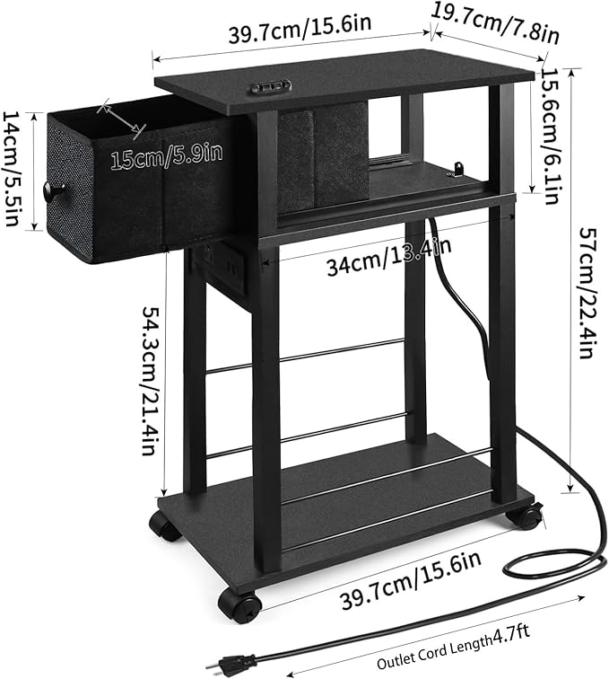 Side Table with Charging Station and Drawer, Narrow End Table with USB Ports and Outlets for Small Space, Living Room, Bedroom and Office, with 4 Wheels (1, Black)
