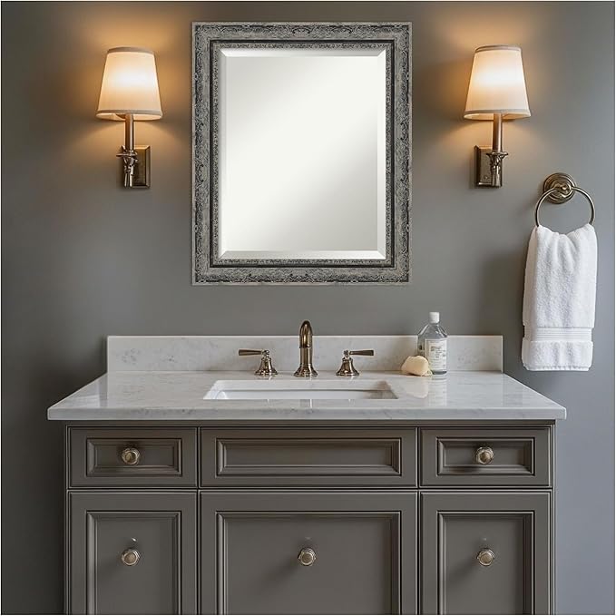 Amanti Art Bathroom Mirror for Over Sink, 25x21 Filigree Matte Black Rectangle Vanity Mirror, Small Traditional Frame, Hangs Horizonally and Vertically, Bathroom Wall Decor, Beveled Edge