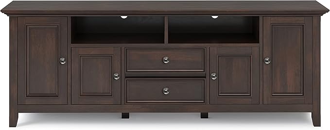 SIMPLIHOME Amherst 72-inch Wide Solid Wood TV Stand in Brunette Brown, Transitional-Style Media Console for Living Room with Cable Management and Adjustable Shelves, Fits 80" TVs