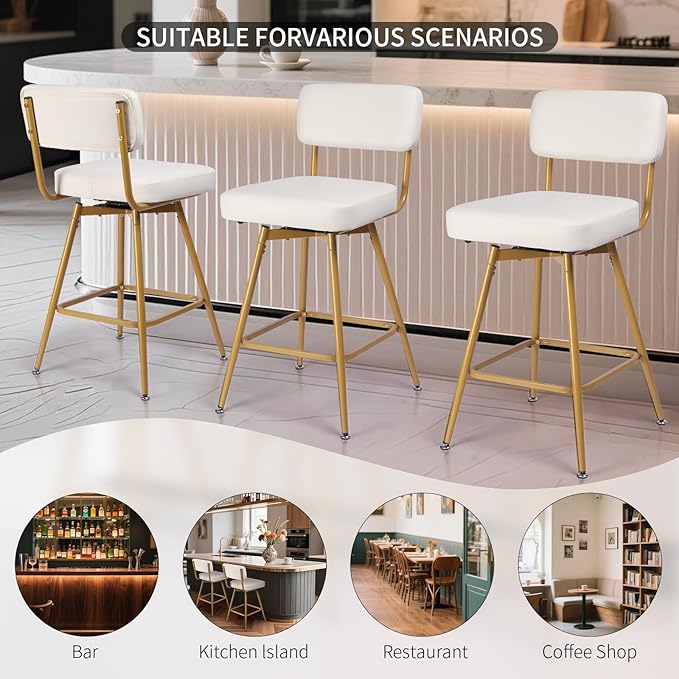 Swivel Counter Height Bar Stools Set of 2, Faux Leather Bar Stools with Back, Metal Legs and Footrest, 26" Seat Height Barstools for Kitchen Islands and Home Bars, Easy Assembly, White&Gold
