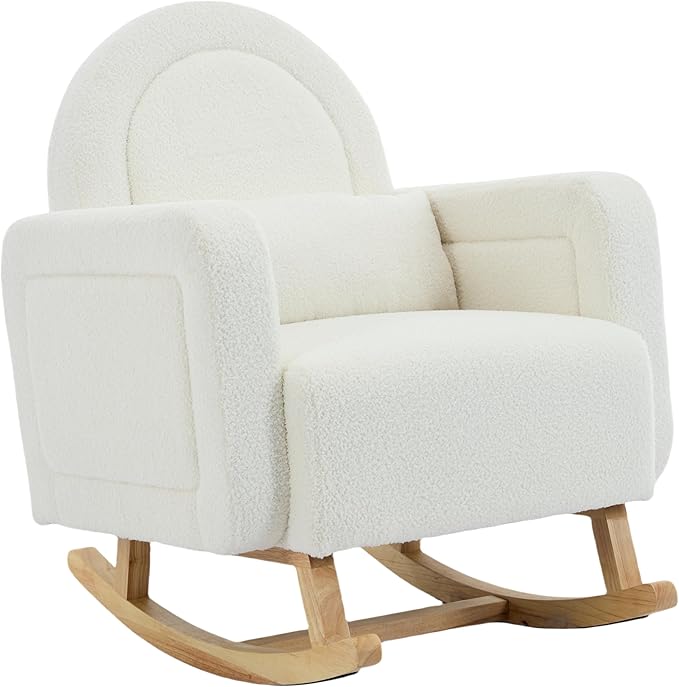 Christopher Knight Home Kiin Wooden Rocking Chair Indoor with Curved Back, Teddy Upholstered Rockers with Pillow, Comfy Accent Chair with Armrest for Bedroom, Living Room, Offices, Cream White