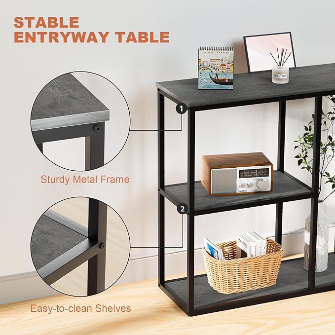 WOHOMO Console Table, 12 Inch Narrow Entryway Table with 3-Tier Storage Shelves 31.5 Inch Industrial Sofa Table Small Hallway Table for Living Room Grey