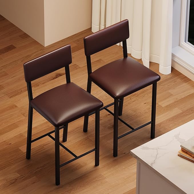 GarveeHome Bar Stools Set of 2, Counter Stools with Back and Thickened Metal Legs, Upholstered PU Leather Counter Height Barstools with Footrest, for Kitchen Island, Bar, Dark Brown