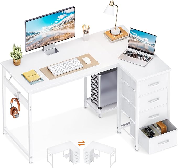 Casaottima L Shaped Desk with 4 Drawers, 40" Small White Computer Desk with Storage, Reversible Kids Study Desk with CPU Stand & Hook, Corner Desk for Home Office
