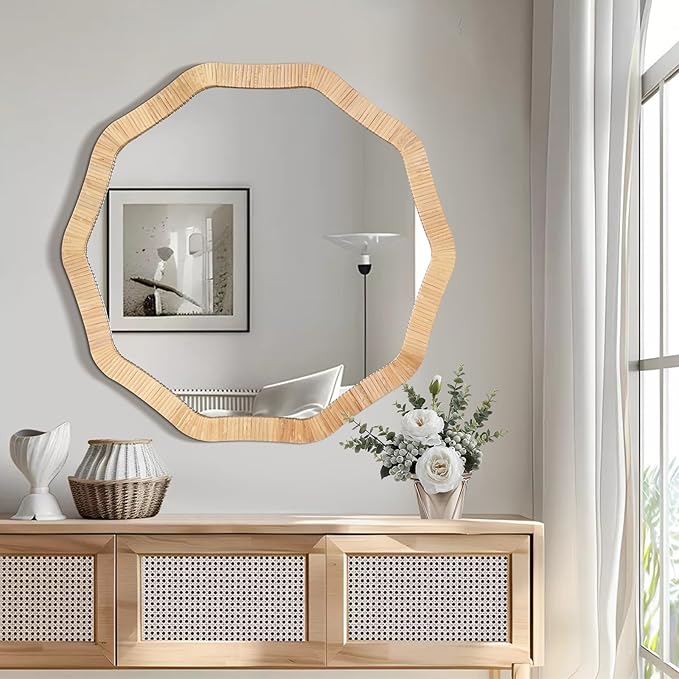 ULIKE Rattan Mirror for Wall, Bathroom 24 Inch Rustic Farmhouse Wall Decor with Handmade Wicker Frame, Boho Woven Mirror for Nursery Bedroom Living Room Entryway