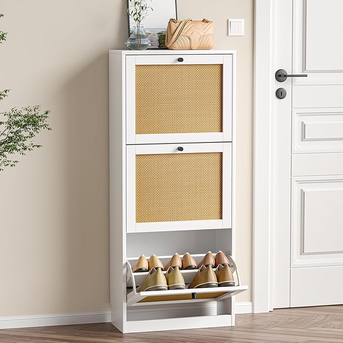 Rattan Shoe Cabinet with 3 Flip Drawers,Narrow Shoe Rack Cabinet with Adjustable Shelves,3 Tier Shoe Storage Organizer for Hallway,Entrance,White