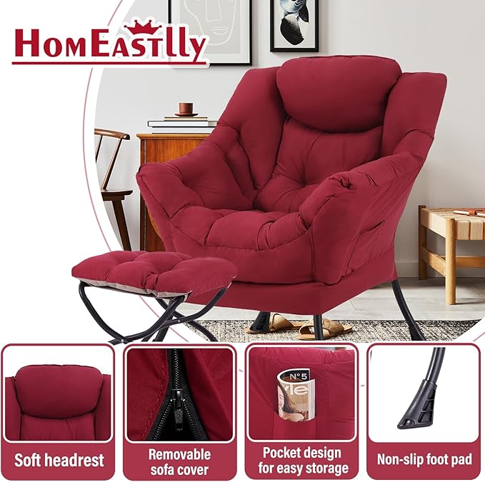 Lazy Chair with Ottoman, Large Modern Lounge Accent Chair with Armrests and Footrest, Reading Armchair with Ottoman, Leisure Sofa Chair for Living Room, Bedroom, Dorm Room, Office（Burgundy）