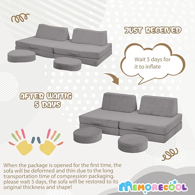 MeMoreCool Kids Couch for Playroom, Corduroy Convertible Toddler Couch, 8 Piece Modular Play Sofa, Foam Fort Building Set for Child Room Furniture, Light Grey