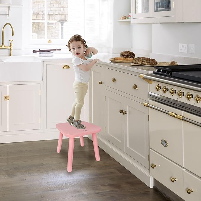 BEE&OAK Wooden Step Stools for Adults, Solid Rubber Wood Non-Slip Step Foot Stool, Heavy Duty 300 lbs One Step Stool for Bedroom, Bathroom, Kitchen,Outdoor (Pink, 11" (D) x 11"(W) x 11.8"(H))