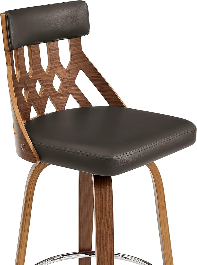 Armen Living Crux Mid Century Modern Swivel Bar Stool for Kitchen Island Counter in Brown Faux Leather and Walnut Wood, 26" Seat Height