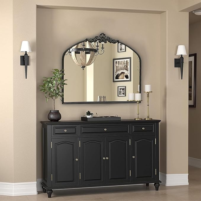 WAMIRRO Arched Mirror,Black Traditional Vintage Ornate Baroque Mirrors,Antique Brass Mirrors for Entryway/Fireplace/Living Room/Hallway/Bathroom.30“X36“ Balck