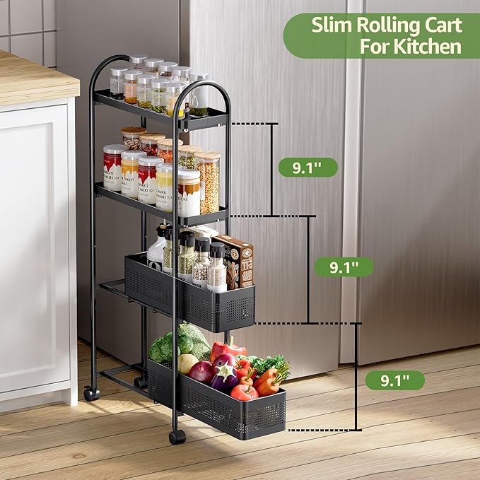 KINGRACK 4-Tier Slim Storage Cart with Pull Out Basket, Rolling Bathroom Organizer Utility, Metal Shelving Unit Slide Out, Lockable Wheels, Easy Assembly for Narrow Place, Kitchen, Laundry Room, Black