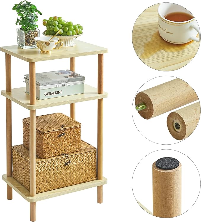 IBUYKE 3-Tier Side Table, Solid Wood Tall End Table with Storage Shelves, Nightstand Bedside Table for Living Room Bedroom Office, No-Tool Assembly, Light Natural UWST003S