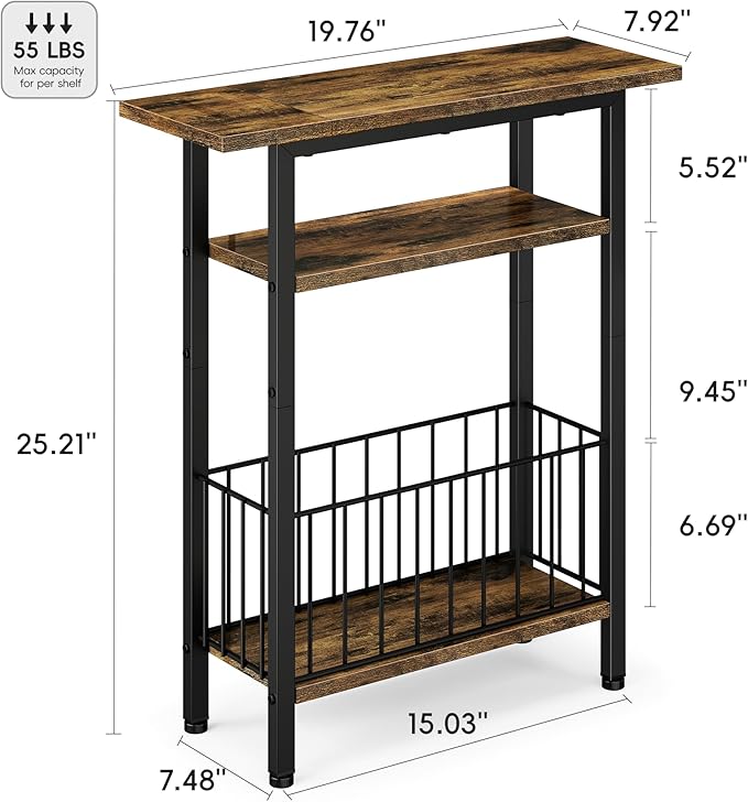 Vagusicc Narrow Side Table, 3-Tier Skinny End Table for Couch Sofa, Small Side Tables for Small Spaces, Bed Side Table with Storage, 25.2" Tall Slim Nightstand for Living Room, Bedroom, Rustic Brown