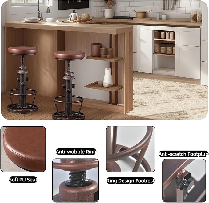 Vintage Swivel Bar Stools Industrial Leather Seat Bar Stool Fire Hydrant Design Kitchen Dinning Chair 24-30inch Height Adjustable with Footrest
