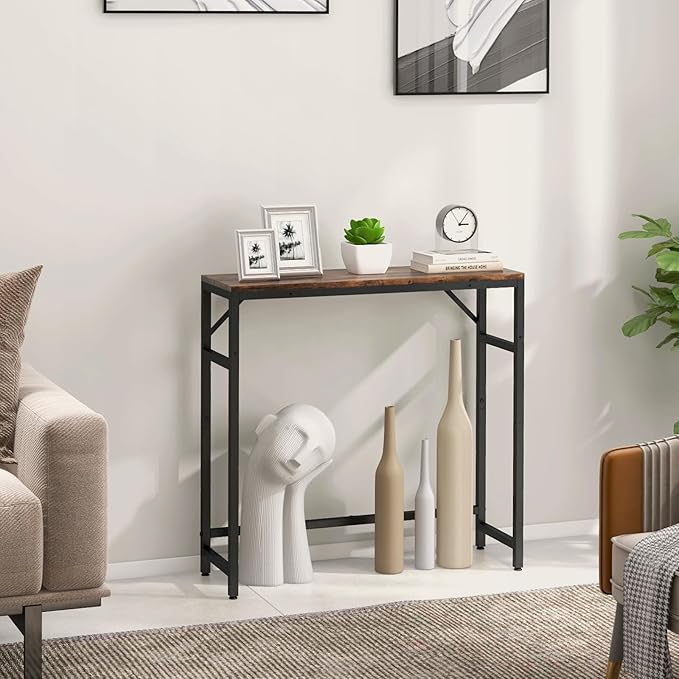 Narrow Console Table, 29.5" Entryway Table with 2 Support Bar, Thin Sofa Table, Small Couch Table, Display Table, Side Tables for Living Room, Hallway, Bedroom, Rustic Brown