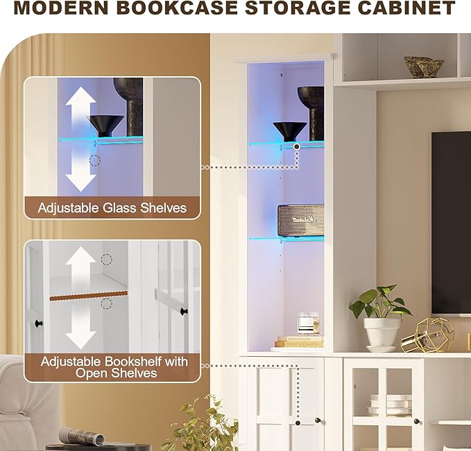 Wall Unit TV Stand with Storage & LED Lights, Large Entertainment Center with Bookshelves for TVs up to 75", Media Console for Living Room, White