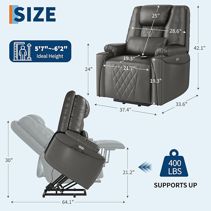 IDEALHOUSE Electric Power Lift Recliner Chair Sofa, Power Lift Chair for Elderly, 3 Positions, Side Pockets, and Cup Holders, USB Ports, Recliner Chair with Remote for Living Room, Grey