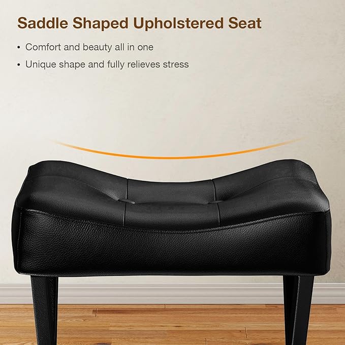 18-Inch Leather Vanity Stool Chair, Vanity Bench with Metal X-Leg, Ottoman Foot Stool with Thick Padded Saddle Seat, Black
