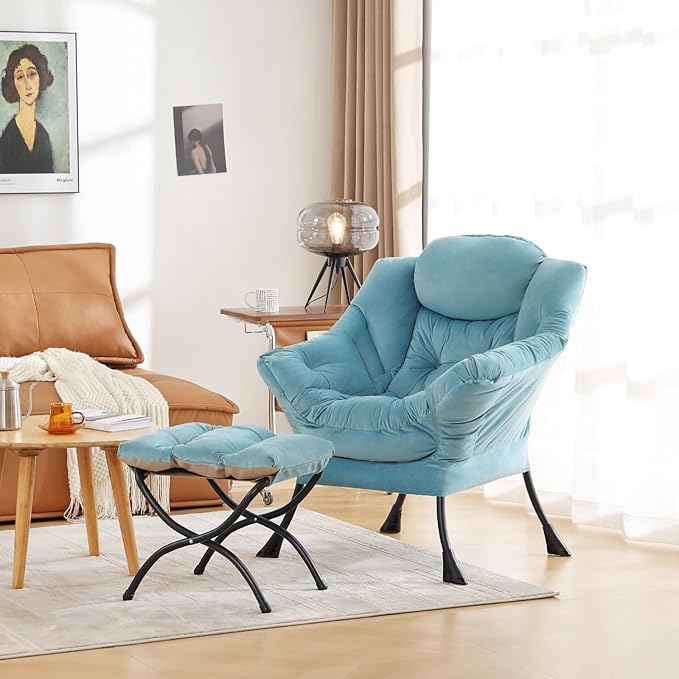 Cozy Lazy Chair and Ottoman, Large Contemporary Accent Lounge Chair Set, Leisure Upholstered Reading Armchair for Bedroom, Living Room, Dorm Rooms, Office