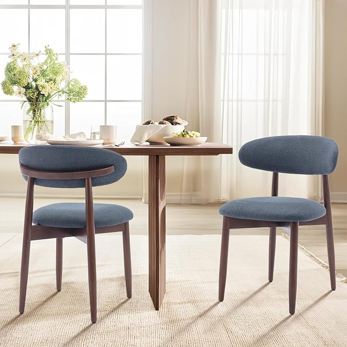 COLAMY Wooden Dining Chairs Set of 6, Modern Fabric Upholstered Dining Room Chair, Farmhouse Kitchen Chairs with Foot Pegs, Blue