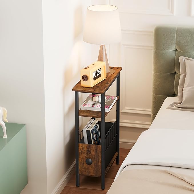Snughome Narrow Side Table for Small Spaces, Slim End Table 3 Tier, Skinny Nightstand with Drawer, Sofa Beside Table with Storage Shelf for Living Room Bedroom