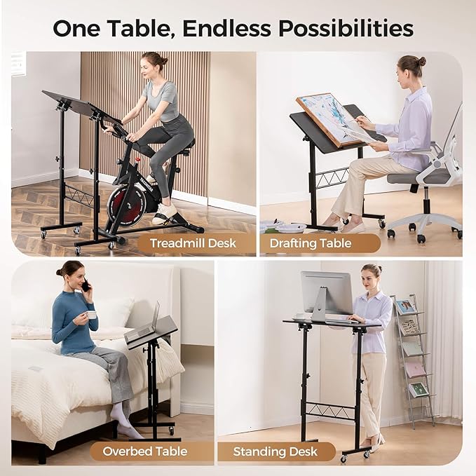 COMHOMA Small Standing Desk Adjustable Height & Tiltable Tabletop, Mobile Stand Up Desk for Laptop, Portable Computer Table for Home Office Work and Walking Pad Treadmill, Height 30.7"-46.4", Black