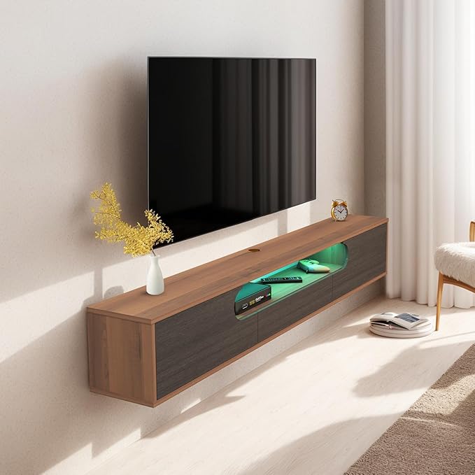 Pmnianhua Floating TV Stand with LED Lights,63'' Wall Mounted TV Cabinet Floating Under TV Shelf Media Console Entertainment Center with Storage Living Room Playroom Bedroom(Walnut)