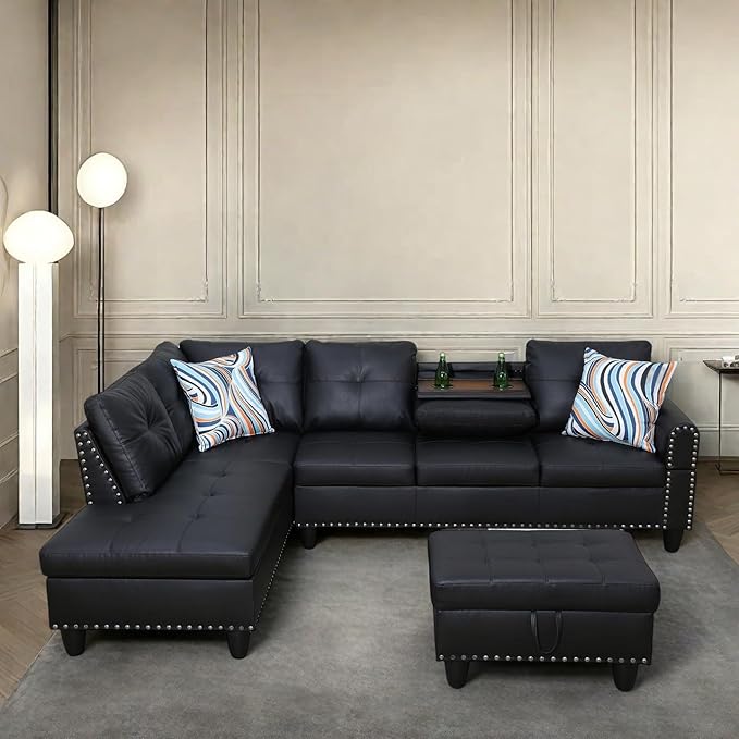 97" L Shaped Sectional Couch with Cup Holder, Modern 4 Seat Modular Sectional Sofa with Storage Ottoman, Living Room Sets for Small Spaces, Apartment, Faux Leather, Black