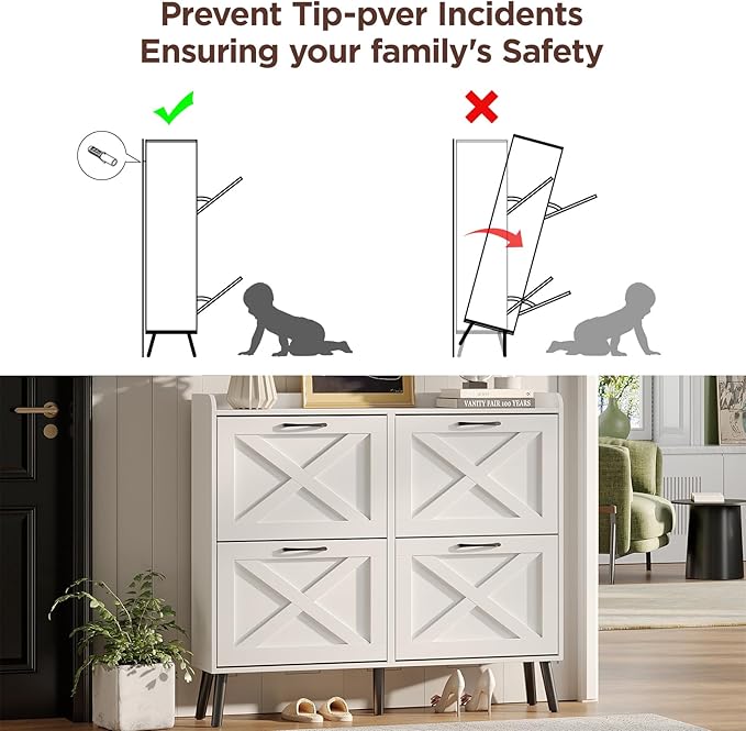 Maupvit Large Shoe Storage Cabinet with 4 Flip Drawers, Narrow Shoe Cabinet for Entryway with Wooden Legs, Freestanding Hidden Shoe Rack Organizer ＆ Metal Hinges, White