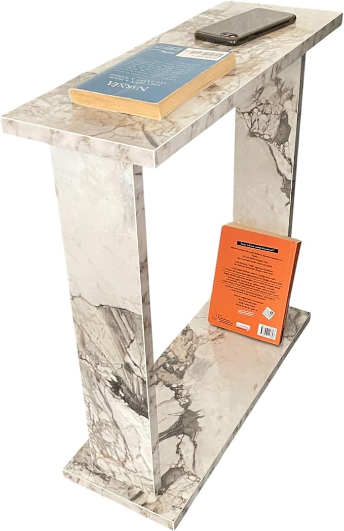 Very Narrow Side Table for Living Room, Small Apartment Space Between Chairs Skinny Table for Recliner, Couch, Armchair, Thin Slim End Table for Living Room, Bedroom, Beverages (White Marble)