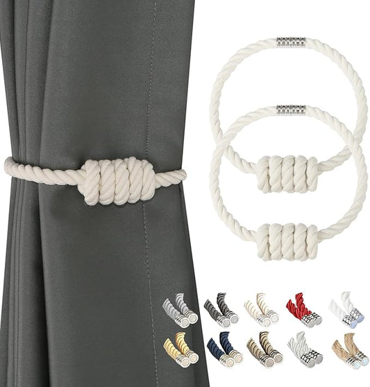BEL AVENIR Magnetic Cotton Curtain Tiebacks, Decorative Drapery Holdbacks Modern Woven Tie-Backs with Exquisite Knot (Cotton, 2 Pack)