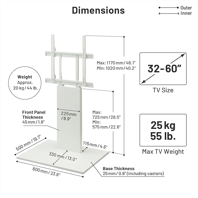 WALL V2 Caster Low Type | Minimalist Rolling TV Stand for 32–60 Inch | Satin White | Portable, Space Saving, Height Adjustable, No Drill | for Living Room and Bedroom | Japanese Design & Engineering