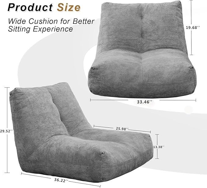 Bean Bag Chairs for Adults, Memory Foam Bean Bag Chair, Spacious Single Sofa, Ergonomic Support Reading Floor Sofa Chair with Filler, Comfy Cozy Beanbag Couch for Bedroom Living Room (Grey)