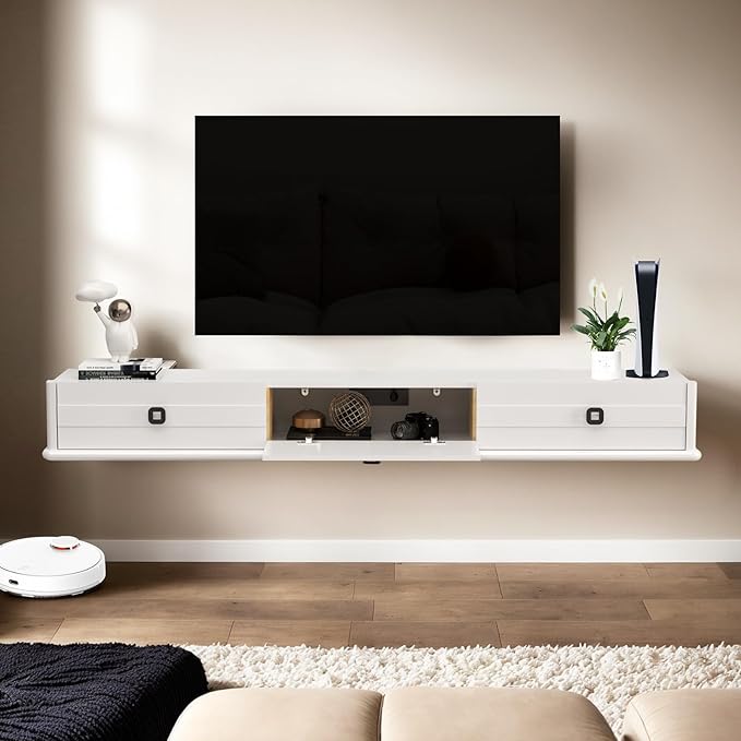 Pmnianhua High Gross Floating TV Stand,74″ Solid Wood Wall Mounted TV Console,Floating Entertainment Center with Door and 2 Drawers,Under TV Shelf for TVs up to 85''(White)