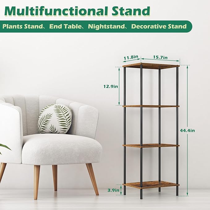 Tall End Table 4 Tier Wood Skinny Side Table Living Room with Storage Shelf Nightstand Bedside Table Plant Stand for Bedroom Office Dorm, Rustic Brown
