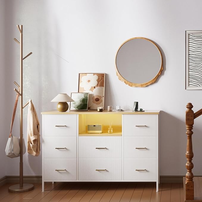 White Dresser with LED Lights and Power Outlets, Dresser TV Stand with 8 Drawers for 55" TV, Fabric Chest of Drawers for Bedroom, Living Room, Entryway