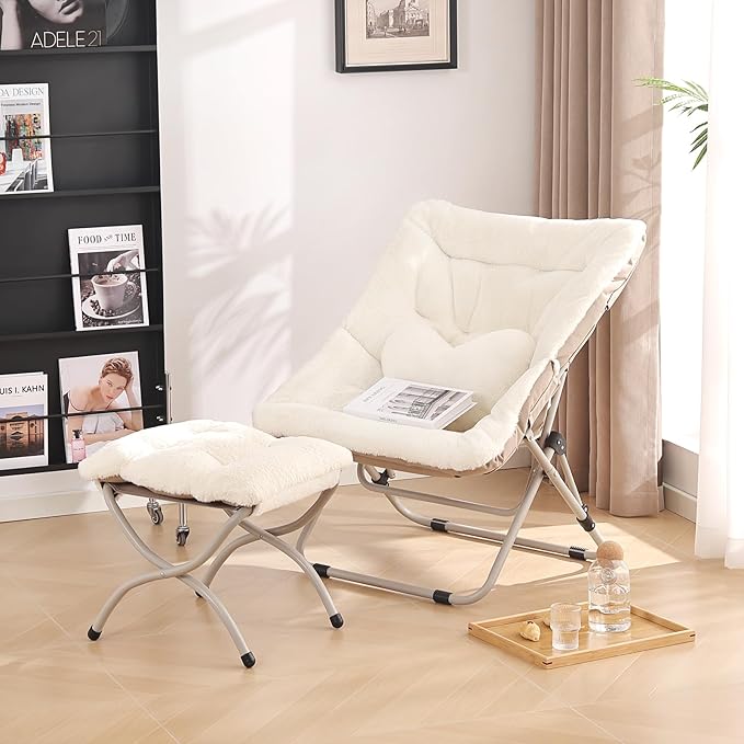 Saucer Chair with Ottoman, Comfy Oversized Folding Chair, Faux-Fur Reading Chair for Adults, Foldable Accent Lazy Chair, Metal Frame Lounge Chair for Living Room, Bedroom, Beige