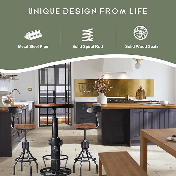 LOKKHAN Set of 2 Industrial Leather Bar Stools-Adjustable Swivel Metal Bar Stool-24-30 Tall Seat Height Counter Height to Bar Height-Kitchen Stool Dining Chair,Cafe Stools with with Backrest