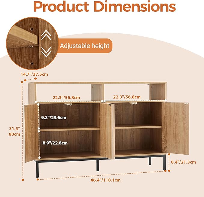 Farmhouse Buffet Sideboard Cabinet with Storage, Fluted Natural Coffee Bar Station Table with Doors and Adjustable Shelves, Modern Wood Cupboard for Kitchen