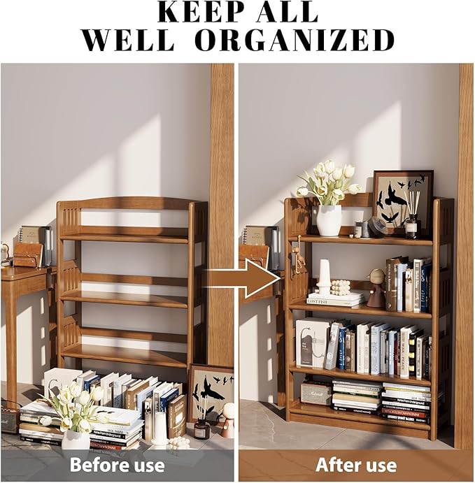 4 Tier Solid Wood Open Shelf Bookcase,Modern Wooden Display Bookshelf,Farmhouse Wide Bookshelves, Freestanding Storage Cabinet for Study Room Office Living Room sunroom