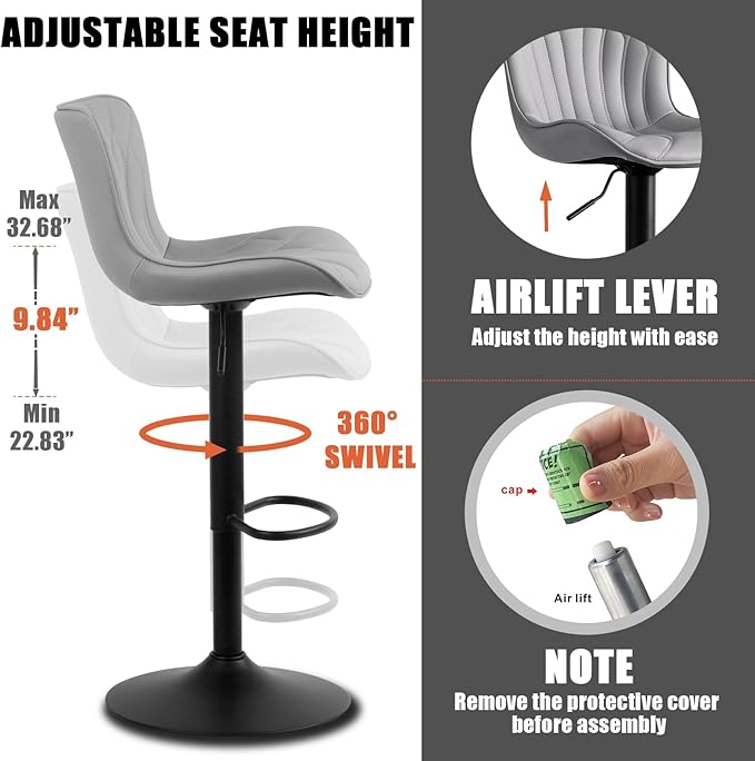 YOUNIKE Single Grey Bar Stools Modern Swivel Counter Height Bar Chair with Back Adjustable Kitchen Island Faux Leather Padded Barstools taburetes de bar Breakfast sillas para barra de cocina 1PCS