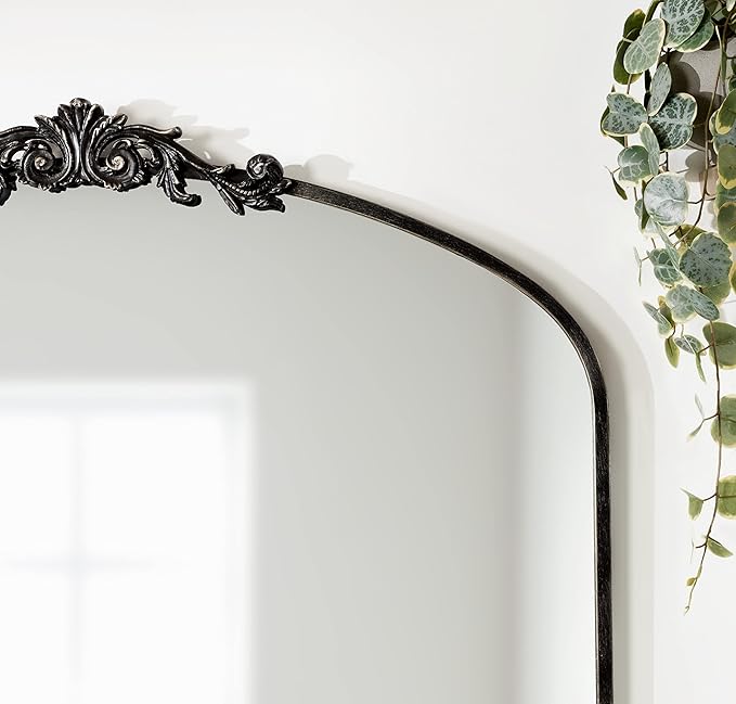 Kate and Laurel Arendahl Ornate Traditional Arched Mirror; 36 x 29; Black; Decorative Baroque Style Arched Wall Mirror with Wide Frame and Ornamental Crown