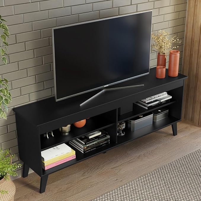 Madesa TV Stand Unit with 4 Shelves and Cable Management for 55, 65 Inch Media 1 Storage Gaming Media Console Living Room and Bedroom Entertainment Center Modern Wooden Television Cabinet - Black